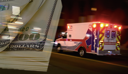 Ambulance and money image illustrates cost of drug abuse. 