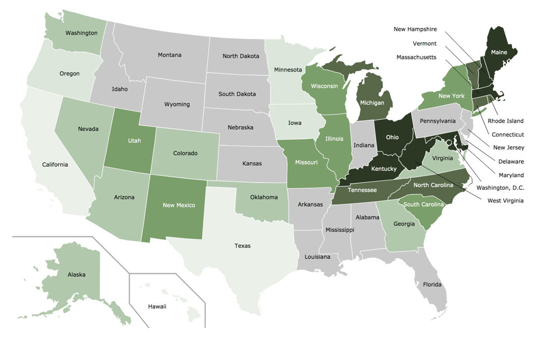 Green US map with drug overdose color differentiation between states.