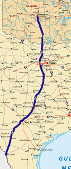Interstate 35 from Laredo, Texas to Oklahoma City. 