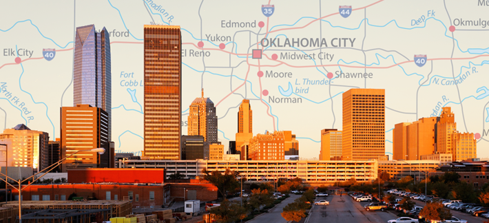 Oklahoma City skyline and map of state
