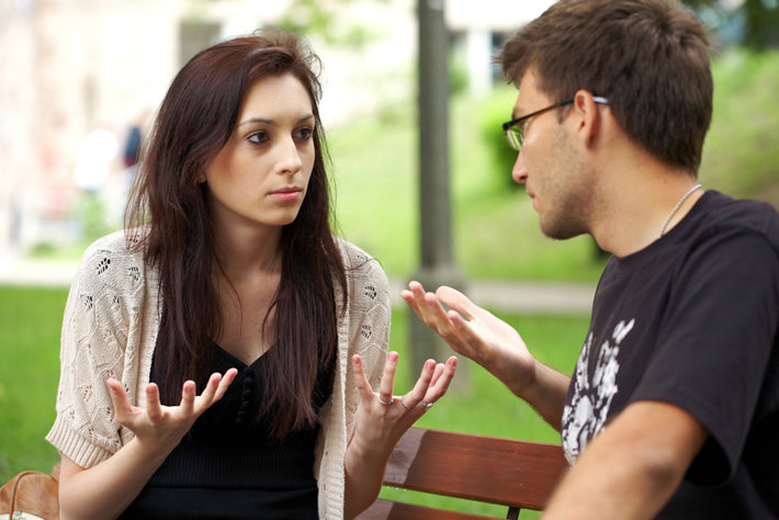 Husband talking with wife addict.