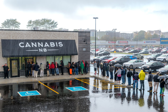 People standing in a line under the rain for cannabis.